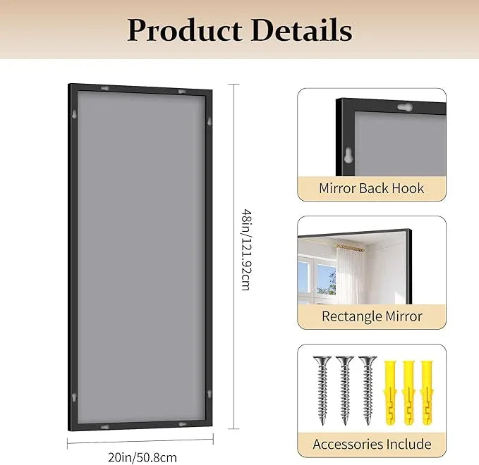 COFENY Black Bathroom Mirror for Wall, 20x48 Inch Rectangle Mirror with Metal Frame, Modern Vanity Mirrors for Bathroom Living Room, Entryway Hangs Horizontal or Vertical - ModernBath