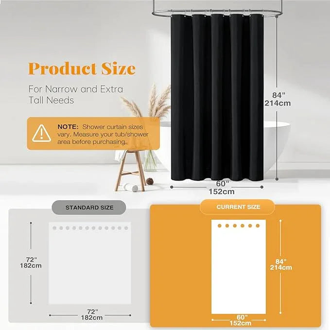 BTTN Stall Fabric Shower Curtain - 60x84 Inch Long Linen Textured Heavy Duty Shower Cloth Curtain Set with 10 Plastic Hooks, Narrow Decorative Neutral Waterproof Shower Curtains for Bathroom, Black - ModernBath