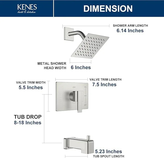 KENES Tub Shower Faucet Set Complete, Brushed Nickel Tub and Shower Trim Kit with 6-Inch Rain Shower Head, Square Shower System, KE-6025A (Shower Valve Included) - ModernBath