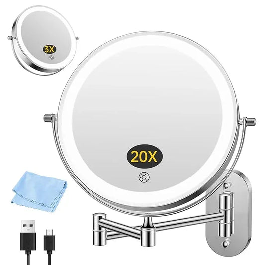 FUNTOUCH Rechargeable Wall Mounted Makeup Mirror with Lights,5000mAh Double Sided 3X/20X Magnifying,3 Color Lights,Touch Dimmable, Extended Arm 360 Rotation Lighted Bathroom Mirror with Magnification - ModernBath