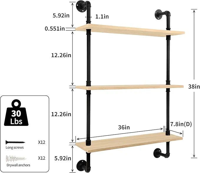 3-Tier Industrial Pipe Floating Shelf – Rustic 36 inch Wood Wall-Mounted Storage Shelf for Kitchen Office,Bathroom & Home Decor -White Oak - ModernBath