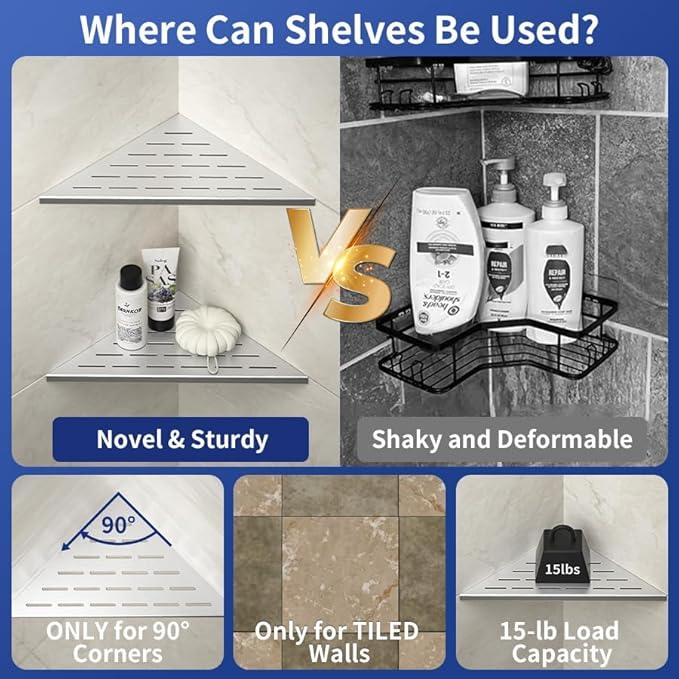Corner Shower Shelf, 12" Brushed 304 Stainless Steel Slot Design Recessed Corner Shelves 2 Pack Bathroom Grout in Shelf for Tiled Wall, Large Size - ModernBath