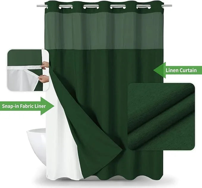 eachope No Hooks Needed Linen Textured Shower Curtain with Snap-in Fabric Liner Set,Hotel Luxury Decor Shower Curtains for Bathroom with Mesh Top Window,Waterproof & Washable,71Wx74H,Emerald Green - ModernBath