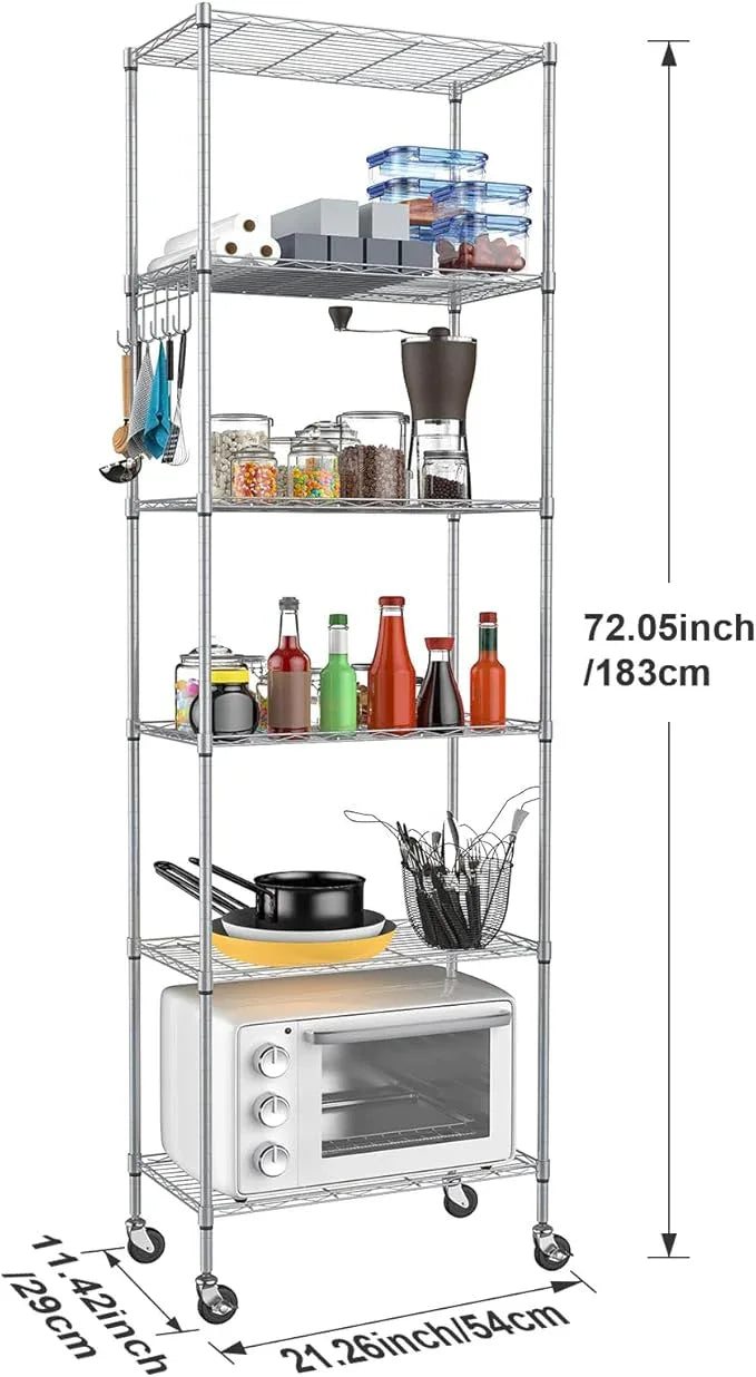 Homdox 6-Tier Storage Shelf Wire Shelving Unit Free Standing Rack Organization with Caster Wheels, Stainless Side Hooks, Silver Gray | Rack Organization, with Caster Wheels, Stainless Side Hooks - ModernBath
