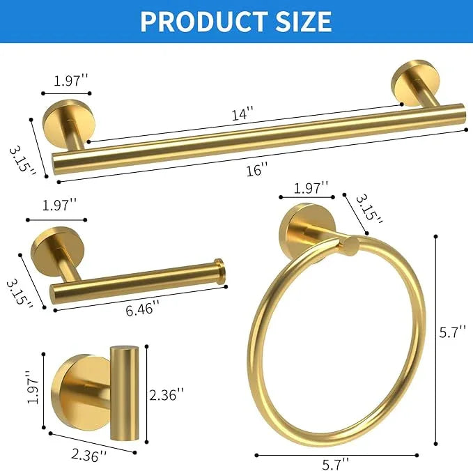 Brushed Gold Bathroom Accessories, Bathroom Hardware Set, SUS304 Stainless Steel Bathroom Towel Holder Set, 16 Inch Towel Bar Set 5 Pcs, 2 Towel Hooks, Toilet Paper Holder, Towel Ring - ModernBath