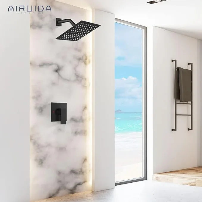 Airuida Shower Faucet Set Bathroom Rain Shower System 8 Inch Square Showerhead Single Function 1 Handle Trim Kit with Female Thread Rough-in Valve Cover Plate with H and C Labels Matte Black - ModernBath