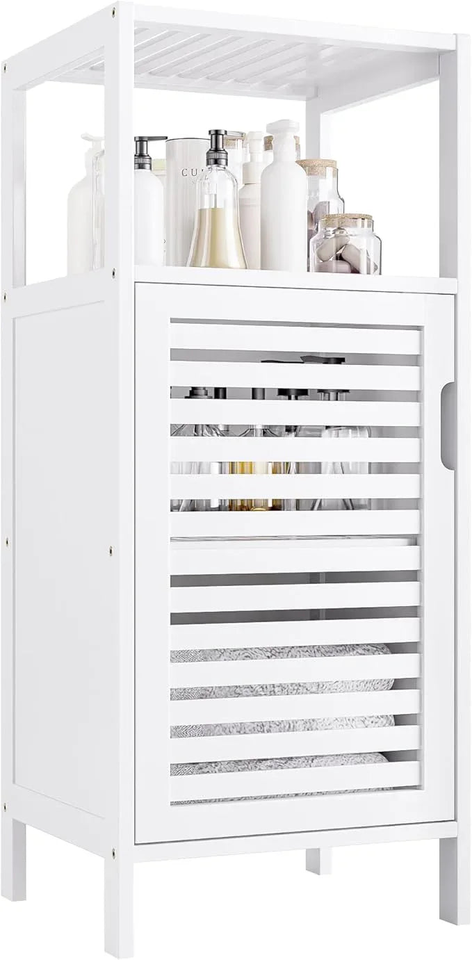 HITNET Bamboo Bathroom Storage Cabinet, 4 Tier Small White Floor Cabinet with Single Door, Free Standing Slim Narrow Storage Organizer for Bedroom Living Room - ModernBath