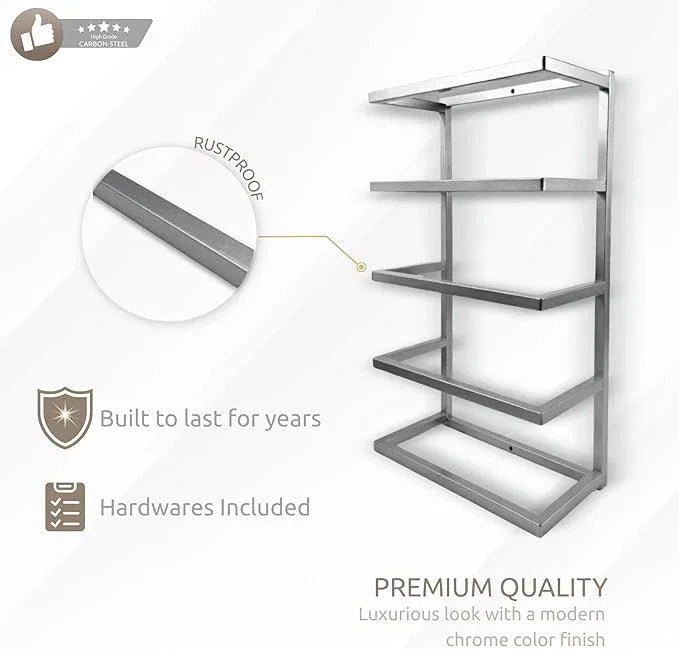 Modern Tiered Towel Rack - Wall-Mounted Metal Towel Shelf for Bathroom, Space-Saving Storage for Towels, Organizers, and Home Decor (Satin Nickel, 5-Tier) - ModernBath