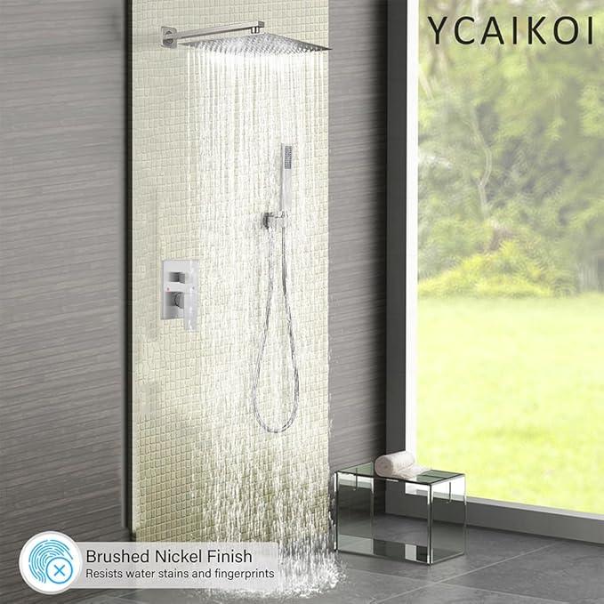 YCAIKOI Shower Faucet Set Complete, Wall Mount Shower System for Bathroom 12 Inch High-Pressure Rainfall Shower with Handheld, Rough-in Valve Body and Trim Kit, Brushed Nickel - ModernBath