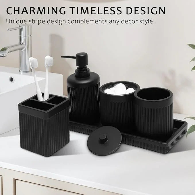 XLHOMO 8-Piece Matte Black Bathroom Set - Luxury Resin Bathroom Accessories Sets Complete with Shower Curtain and Rugs, Soap Dispenser, Toothbrush Holder, Cup, Apothecary Jars & Tray - ModernBath