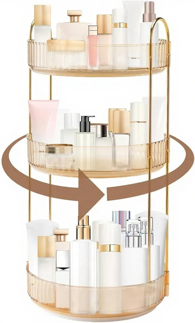INVSSENE 360 Rotating Makeup Organizer, Yellow, Unisex, 3 Tier Countertop Storage, Fits Cosmetics, Perfume, Skincare, Lipsticks - ModernBath