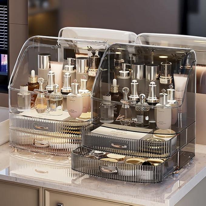 Plukers Makeup Organizer Countertop Vanity with Transparent Lid Drawers Waterproof Dustproof Cosmetic Skincare Bathroom Storage Gift for Women Teens Girls (Clear Black) - ModernBath