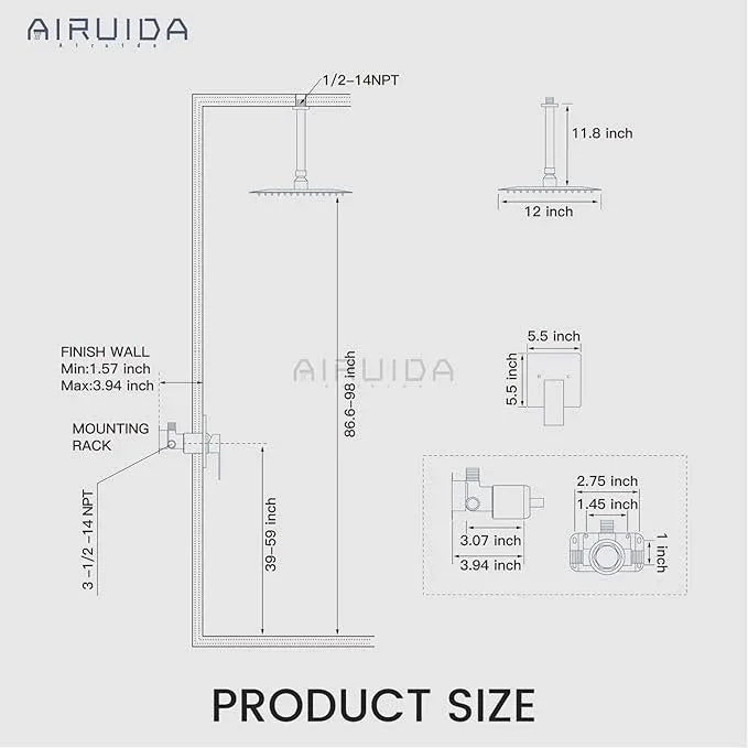Airuida Shower Faucet Set and Handle Set Single Function Shower Trim Kit Ceiling Mount Rainfall Shower System with Male Threads and Rough-in Valve 12 Inch Square Shower Head Brushed Gold - ModernBath