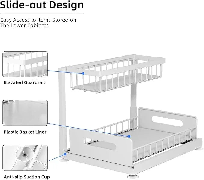 2-Tier Under Sink Slide Out Organizer, Pull Out Cabinet Storage Shelf with Sliding Wire Basket Drawer for Bathroom Kitchen, Countertop or Pantry Shelf, White - ModernBath