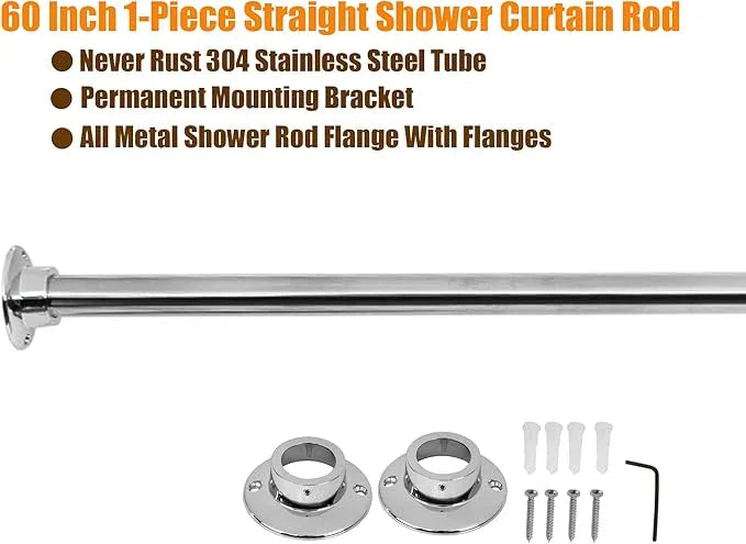 Artiwell 60" Heavy Duty Straight Shower Rod With Shower Rod Flange, Permanent Mount Shower Curtain Rod With Screws Bracket, Never Rust Stainless Steel, Window Curtain and Closet Rod, Chrome Plated - ModernBath