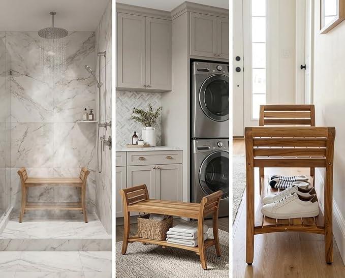 EcoDecors Symmetry 30 Inch Natural Color Waterproof Teak Wood Shower Bench Stool Seat Chair for Inside Shower Provides Safety, Storage, and Organization for Bathroom Accessories - ModernBath