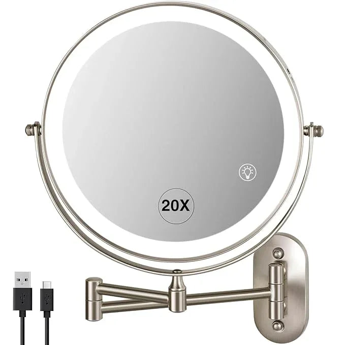 VORREMIRR 20X Magnifying Mirror with Light: 8.5 Inch Lighted Makeup Mirror, Wall Mount, 360 Rotation, Touch Screen, Rechargeable, Brushed Nickel - ModernBath