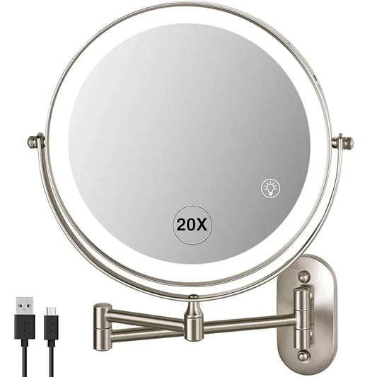 VORREMIRR 20X Magnifying Mirror with Light: 8.5 Inch Lighted Makeup Mirror, Wall Mount, 360 Rotation, Touch Screen, Rechargeable, Brushed Nickel - ModernBath