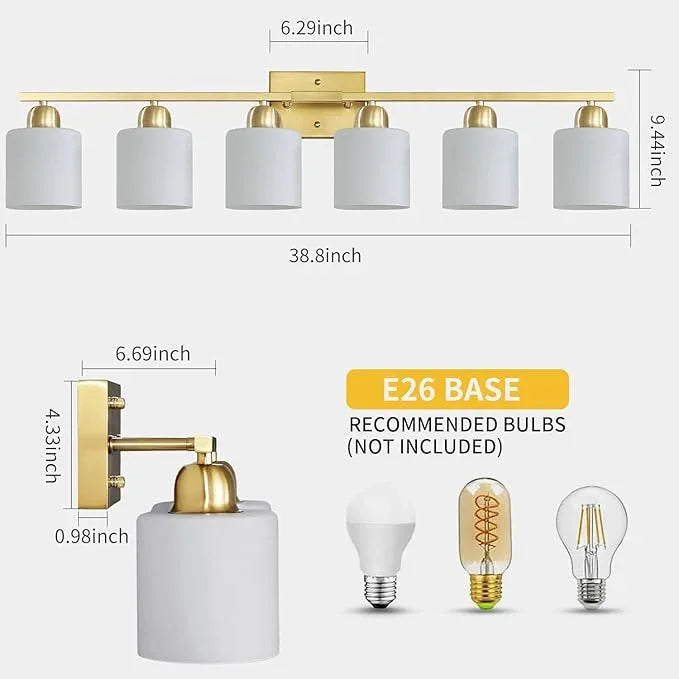 6 Light Gold Bathroom Vanity Light for Large Mirror, Gold Vanity Lights for Bathroom with Milky White Frosted Glass Shades, 38 inch Wall Lamp for Mirrors Living Room E26 Base - ModernBath