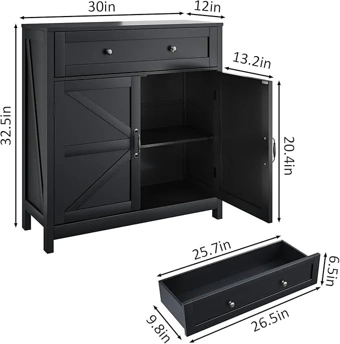 Buffet Sideboard with 2 Barn Doors,Black Kitchen Cabinet with Adjustable Shelf, Freestanding Floor Storage Cabinet - ModernBath