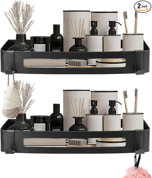 NearMoon Bathroom Shower Caddy 2 Pack, No Drill 304 Stainless Steel Shower Organizer with 2 Hooks (Shower Shelf, Matte Black) - ModernBath