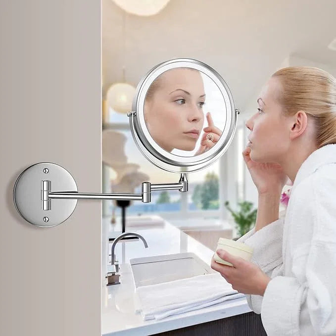 Rocollos Rechargeable Wall Mounted Lighted Makeup Mirror, 8 Inch Double-Sided LED Vanity Mirror 1X/7X Magnification,3 Color Lights Touch Screen Dimmable 360°Swivel 13 Inch Extendable - ModernBath