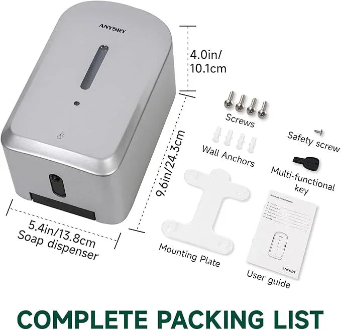 anydry Commercial Automatic Soap Dispenser Large 34oz/1000ml Capacity Wall-Mounted Touchless Liquid Dispenser for High-Traffic Restrooms, Offices, Hospitals Model AD1220S Silver - ModernBath