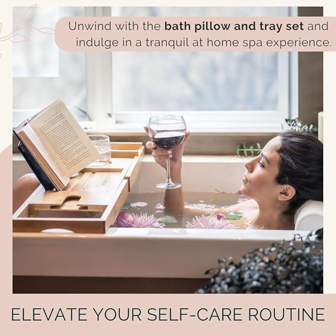 Bath Pillow and Bathtub Tray Set for Tub | Luxurious, Relaxing Home Spa Accessories with Bath Tub Pillows for Head and Neck, Foldable Bath Tray Caddy Organizer | Relaxation Gifts for Women Self Care - ModernBath