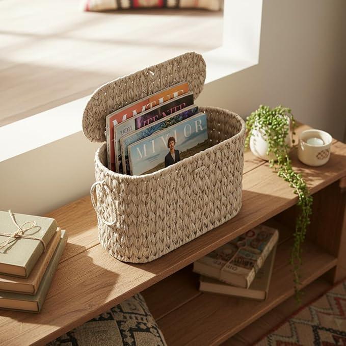 Toilet Paper Basket,Wicker Toilet Paper Storage with Lid,Decorative Boho Wicker Basket for Bathroom,Free Standing-Cream White - ModernBath