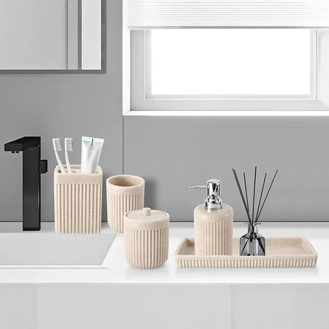 XLHOMO Resin Beige Bathroom Accessories Set 5 Pcs, Lotion Soap Dispenser, Toothbrush Holder, Bathroom Tumbler, Qtip Holder and Vanity Tray, Bathroom Countertop Organizer Set for Modern Home Apartment - ModernBath