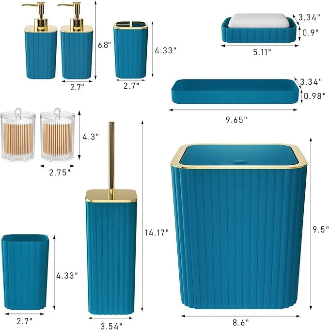 XLHOMO Bathroom Accessories Set - Gorgeous Bathroom Set, 10PC Teal Bathroom Accessory Set, Toilet Brush, Trash Can, Qtip Holder Dispenser & Soap Dispenser - ModernBath
