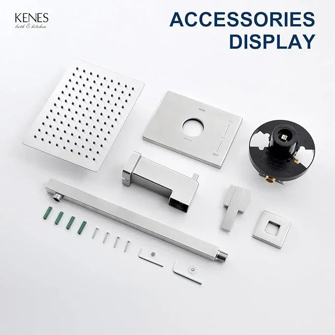 KENES Brushed Nickel Tub Shower Faucet Set Complete, Tub and Shower Trim Kit with 10-Inch Rain Shower Head, Square Shower System, KE-6024A (Shower Valve Included) - ModernBath