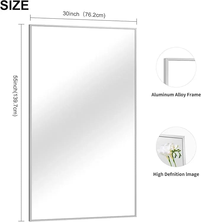 COFENY 30x55In Silver Bathroom Mirror for Wall, Brushed Nickel Rectangle Mirrors with Metal Frame, Bathroom Rectangular Mirror Modern Wall Mirror for Bedroom Living Room, Hangs Horizontal or Vertical - ModernBath