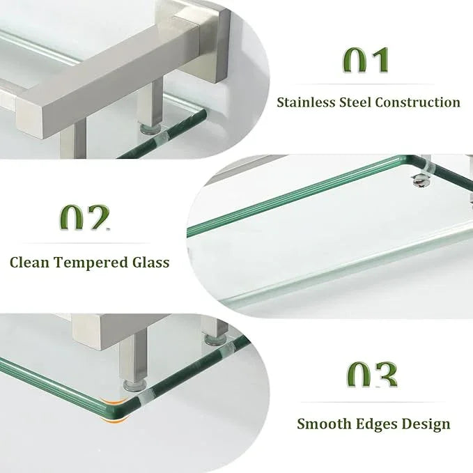 Alise Glass Shelves for Bathroom Wall, Tempered Glass Bathroom Shelf Wall Mounted, Modern Space Saving Floating Shelves 12 inch, Brushed Nickel - ModernBath