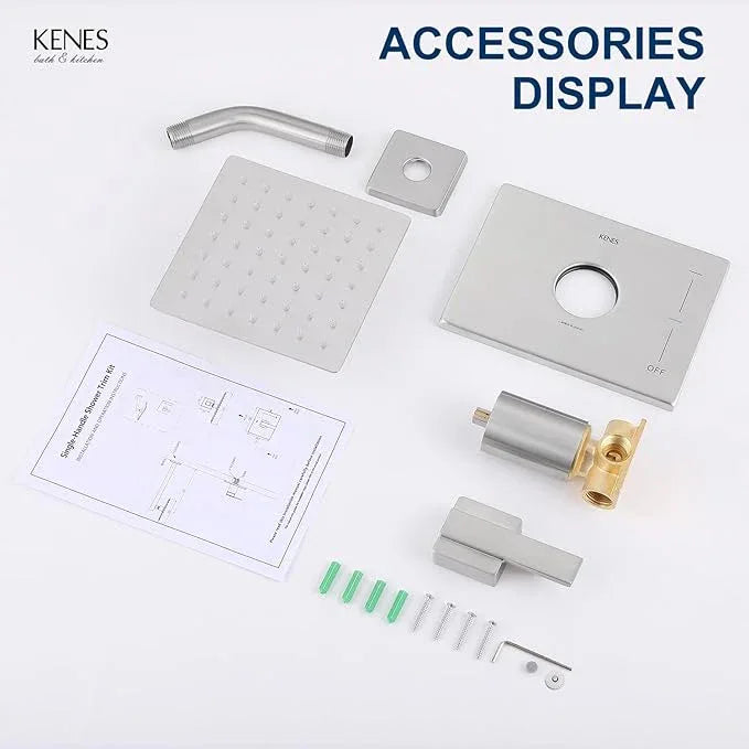 KENES Brushed Nickel 6-Inch Shower Head and Handle Set, Square Shower Faucet Set Bathroom Rainfall Shower System Wall Mount, KE-6025B (Shower Valve Included) - ModernBath