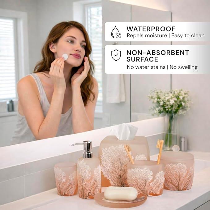 Decozen Bathroom Accessories Set 6Pcs – Soap Dispenser, Toothbrush Holder, Tumbler, Soap Dish & Cotton Swab Jar – Modern Bathroom Decor, Bath Set for Christmas Decor, Carruthers - ModernBath