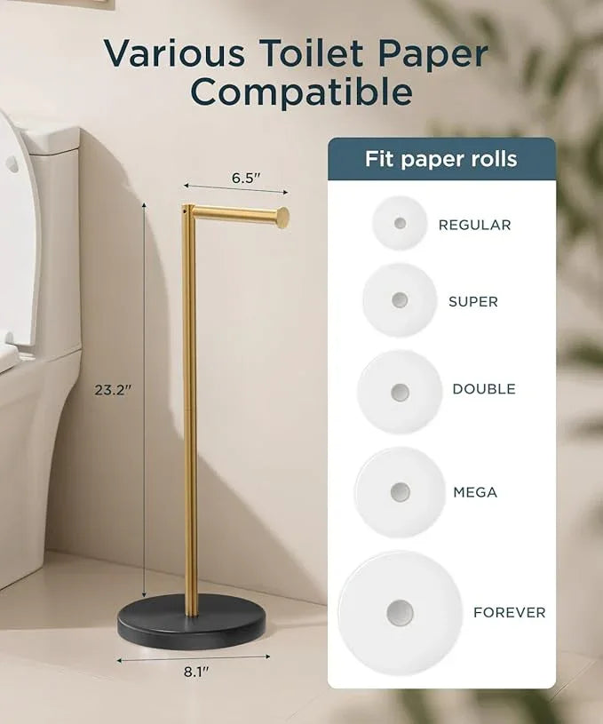 FORIOUS Toilet Paper Holder Stand, Modern Free Standing Tissue Roll Holder for Bathroom, Durable SUS 304 Stainless Steel and Weighted Base, Storage for 4 Rolls (Matte Black & Brushed Gold, 23.2" H) - ModernBath
