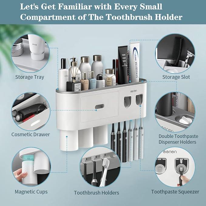 BHeadCat Toothbrush Holders Wall Mounted, Toothbrush Holder with Automatic Toothpaste Dispensers, 6 Brush Slots, 3 Magnetic Cups,1 Cosmetic Drawer Organizer and 1 Large Storage Tray - ModernBath