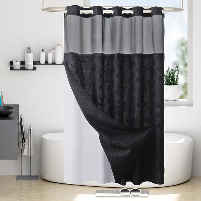 Furlinic No Hook Hotel Shower Curtain with Detachable Liner,Heavy Duty Waffle Weave Textured Fabric Bathroom Curtain with See Through Window,Waterproof & Machine Washable,Black,71x78 Inch - ModernBath