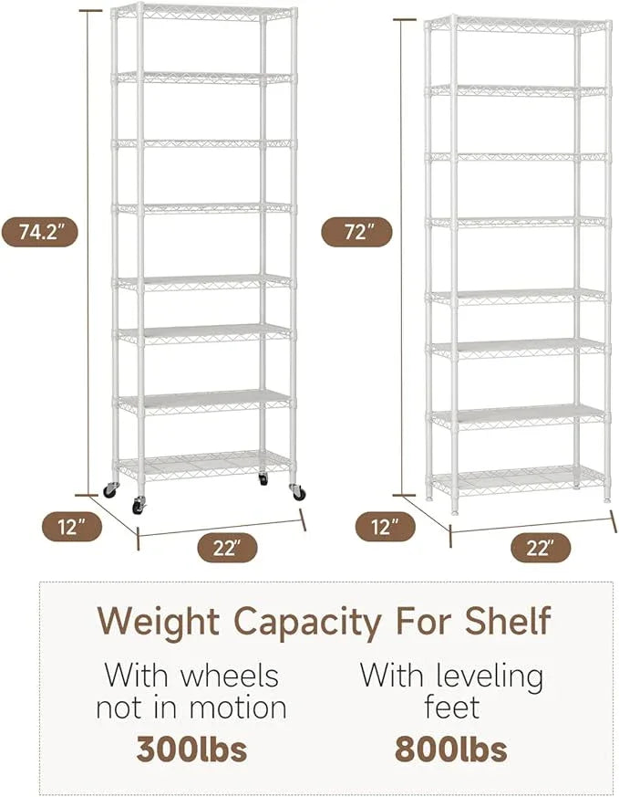 8 Tier Shelves Storage Shelf Wire Closet Bathroom Organizers Metal Pantry Kitchen Garage Shelving Unit Laundry Room Organization Home Rack Net Basket Black with Wheels 12”D X 22”W X 74.2”H - ModernBath