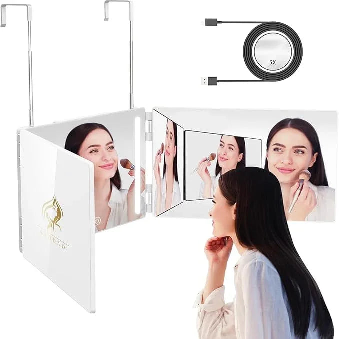 GLDDAO LED 3 Way Mirror to See Back of Head 360 Mirror for Women for Braiding Hair Telescoping Hooks Anti-Fog HD Glass Three Way for Self Hair Cutting Makeup Trifold - ModernBath