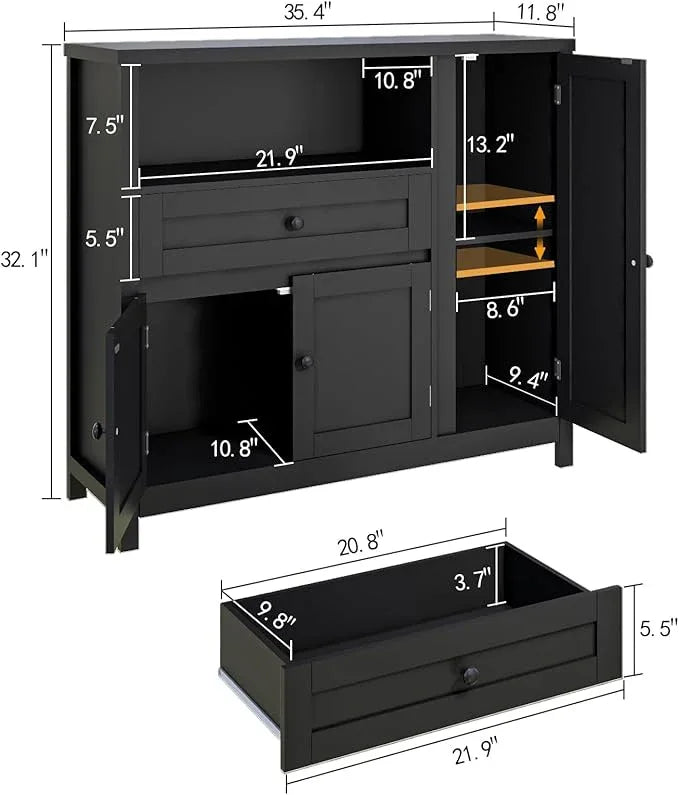 Storage Cabinet with Doors and Drawers,Kitchen Storage Cabinets，with Drawer and Adjustable Shelf (Black) - ModernBath