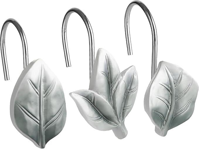 Gibelle 12PCS Leaves Shower Curtain Hooks, Grey Plant Leaf Decorative Shower Curtain Hooks Metal Rustproof Cute Eucalyptus Shower Curtain Rings Bathroom Decoration Accessories - ModernBath