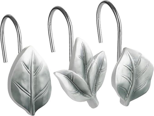 Gibelle 12PCS Leaves Shower Curtain Hooks, Grey Plant Leaf Decorative Shower Curtain Hooks Metal Rustproof Cute Eucalyptus Shower Curtain Rings Bathroom Decoration Accessories - ModernBath