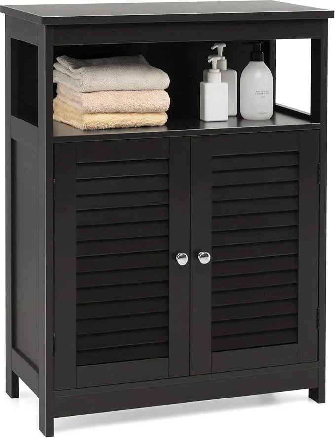 Tangkula Bathroom Floor Cabinet, Wooden Freestanding Storage Cabinet with Double Shutter Door & Adjustable Shelf, Storage Cabinet for Bathroom Living Room (Black) - ModernBath