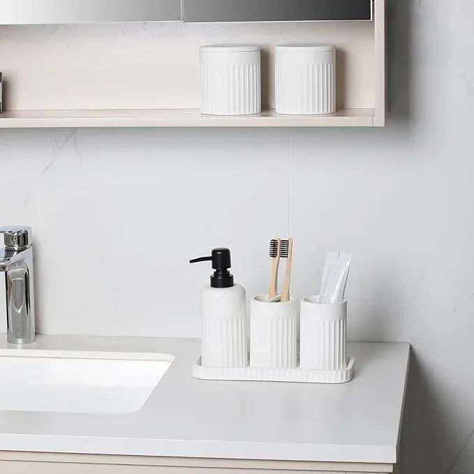 INIUNIK Bathroom Accessory Set - 6 Pieces Bathroom Accessories Set Complete with Soap Dispenser, Toothbrush Holders, Tumbler, Vanity Tray and 2 Qtip Holder for Home Organizer and Decor, White - ModernBath