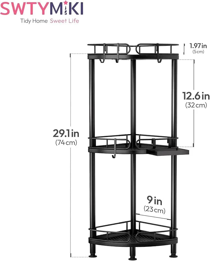 SWTYMIKI Corner Shower Caddy Standing - 3 Tier Rustproof Metal Shower Organizer Stand with Soap Holder and 4 Hooks, Freestanding Floor Shower Storage Stands for Bathroom, Black - ModernBath