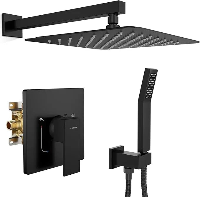 SR SUN RISE Shower Faucet Set & System - 12 Inch Rainfall Shower Head & Handle Set Wall Mounted Matte Black Solid Brass Valve Trim Kit Included - ModernBath