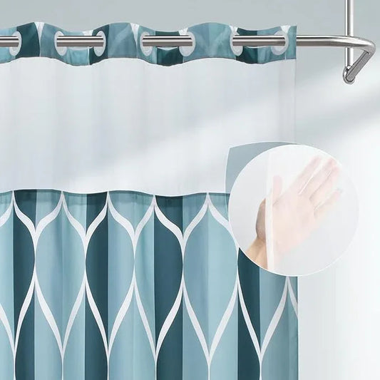 Yiatn No Hook Aegean Blue Long Shower Curtain with Snap in Fabric Liner Set - Hotel Style with See Through Mesh Top Window, Modern Geometric Waterdrop Design,Waterproof and Washable, 71x86 INCH - ModernBath