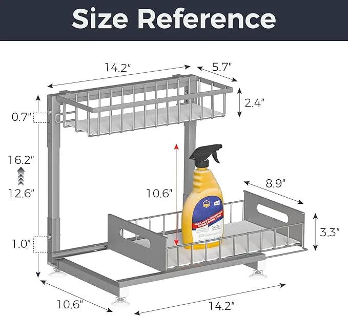 Under Sink Organizer for Kitchen and Bathroom, 2 Pack 2 Tier Pull Out Storage Rack - Height Adjustable Heavy Duty Metal Basket with High Capacity & Safety Stopper, Rustproof for Cleaning Supplies - ModernBath